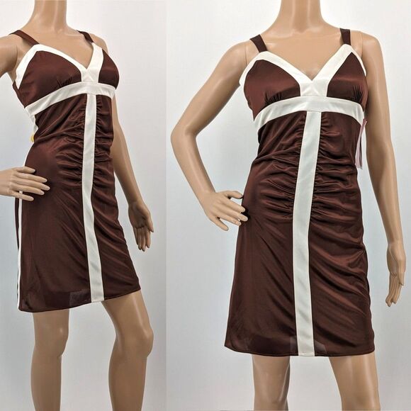 NWT Vintage y2k 2000s Morgan & Co Mini Dress Brown Ruching Mod Size L - Picture 4 of 10